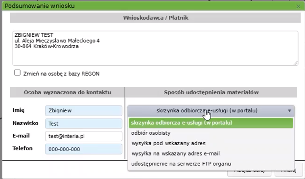 Widok okna podsumowania wniosku Widok okna podsumowania wniosku