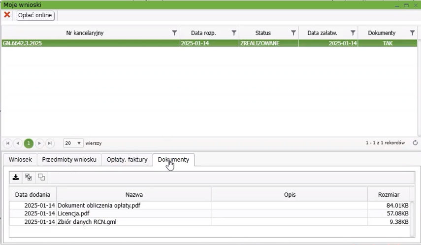 Widok okna z wnioskami z zakładką: Dokumenty Widok okna z wnioskami z zakładką: Dokumenty