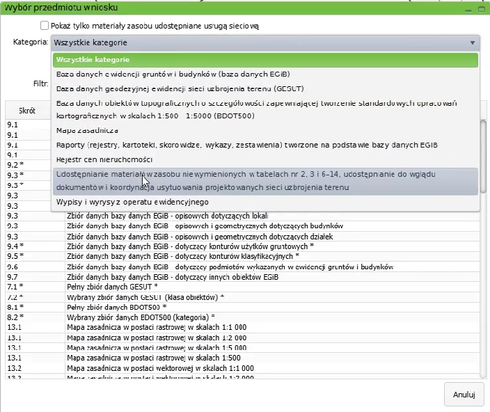 Widok okna wyboru przedmiotu wniosku Widok okna wyboru przedmiotu wniosku