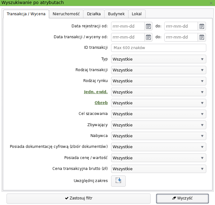 Widok okna wyszukiwania transakcji po atrybutach Widok okna wyszukiwania transakcji po atrybutach