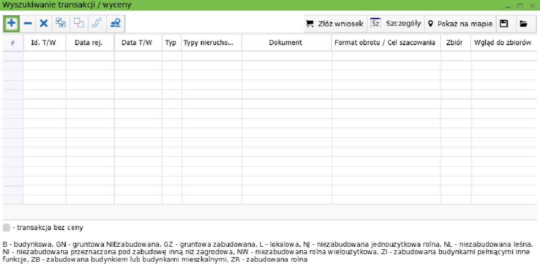 Widok okna wyszukiwania transakcji i wyceny Widok okna wyszukiwania transakcji i wyceny