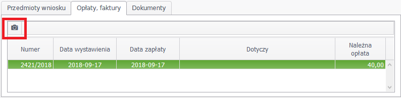 Widok części okna ze złożonymi wnioskami wyświetlającej opłaty i faktury Widok części okna ze złożonymi wnioskami wyświetlającej opłaty i faktury