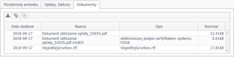 Widok części okna ze złożonymi wnioskami wyświetlającej dokumenty do pobrania Widok części okna ze złożonymi wnioskami wyświetlającej dokumenty do pobrania