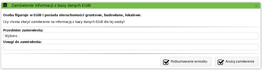 Widok okna zamówienia informacji z bazy danych EGiB Widok okna zamówienia informacji z bazy danych EGiB