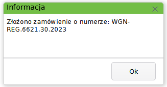 Widok okna z informacją o złożeniu zamówienia Widok okna z informacją o złożeniu zamówienia