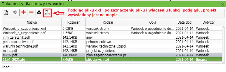Widok okna dokumenty dla sprawy i wniosku z zaznaczoną na czerwono funkcją umożliwiającą podgląd pliku dxf Widok okna dokumenty dla sprawy i wniosku z zaznaczoną na czerwono funkcją umożliwiającą podgląd pliku dxf