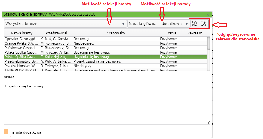 Widok okna stanowiska dla sprawy z zaznaczonymi na czerwono miejscami selekcji branży, selekcji narady, podglądy i wrysowania zakresu dla stanowiska Widok okna stanowiska dla sprawy z zaznaczonymi na czerwono miejscami selekcji branży, selekcji narady, podglądy i wrysowania zakresu dla stanowiska