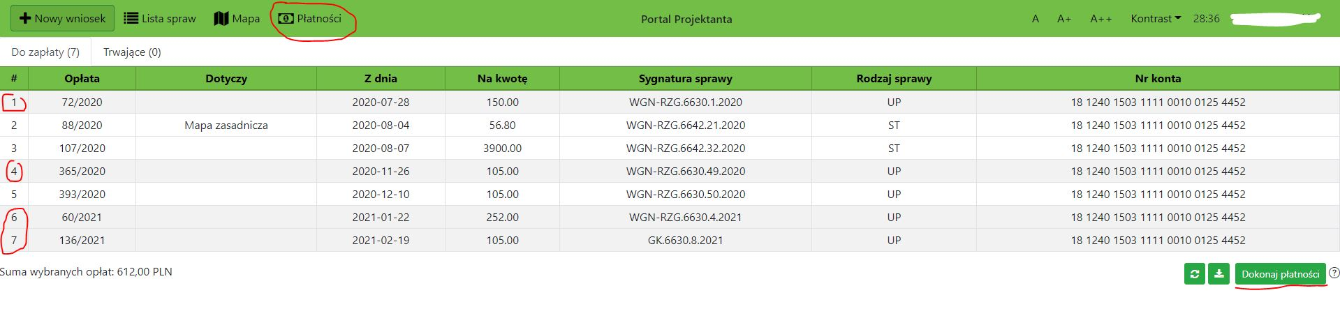 Widok okna listy płatności Widok okna listy płatności