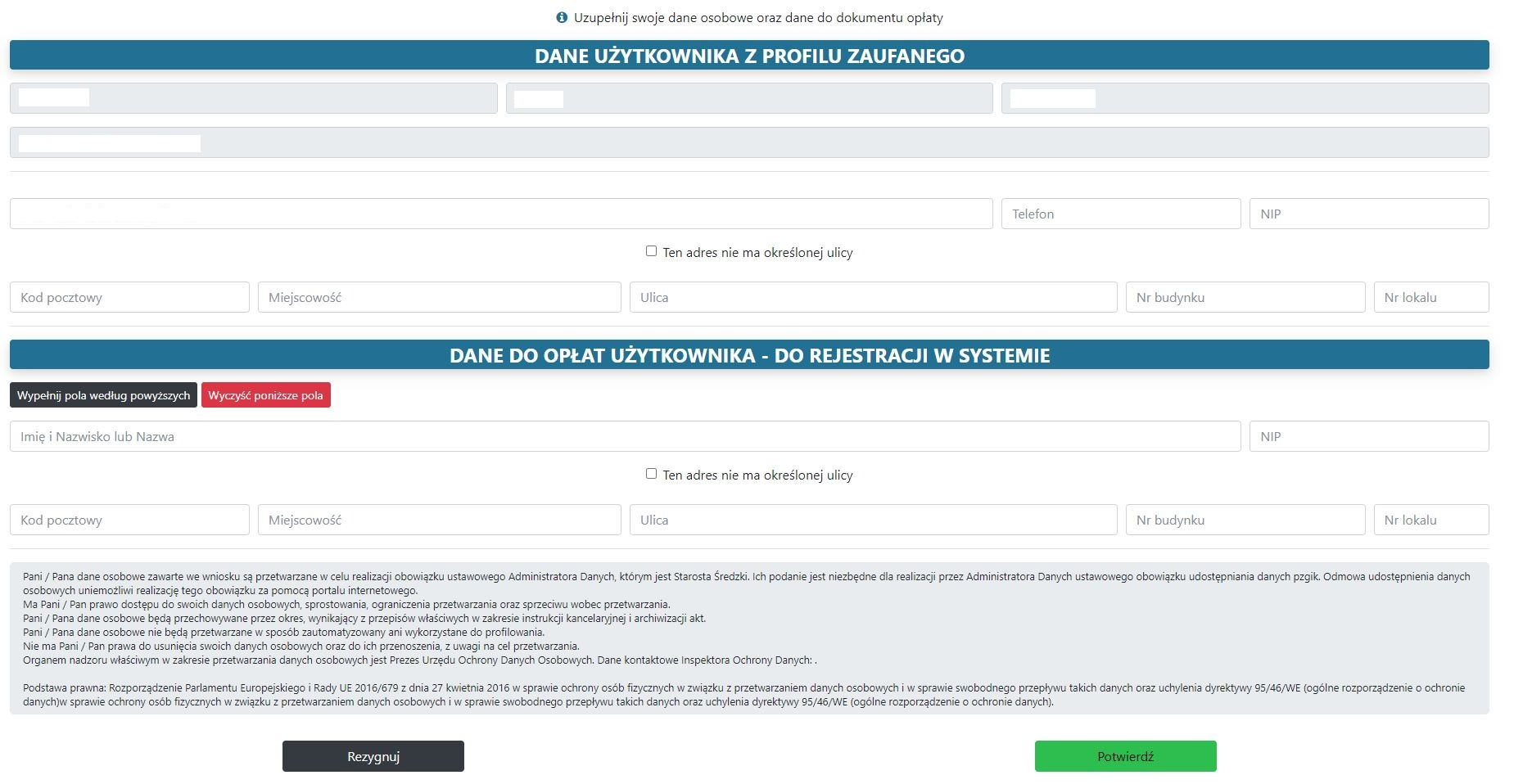 Widok okna z danymi użytkownika i danymi do opłat Widok okna z danymi użytkownika i danymi do opłat