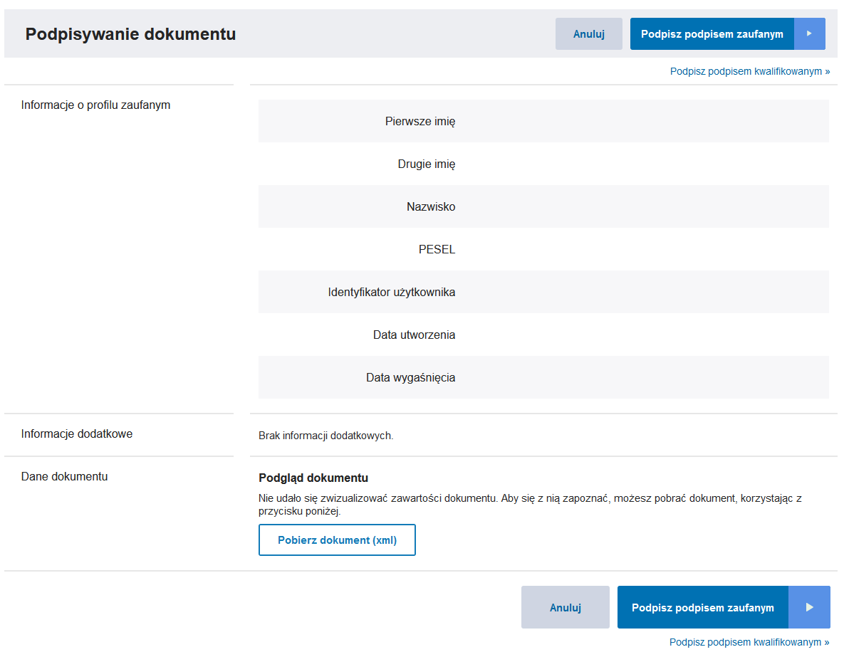 Widok strony Profilu Zaufanego z opcją podpisania dokumentu Widok strony Profilu Zaufanego z opcją podpisania dokumentu