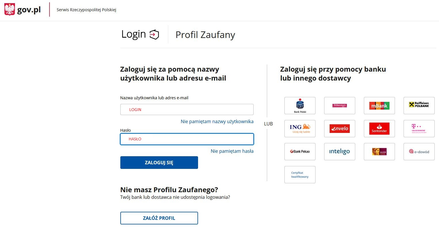 Widok okna logowania do profilu zaufanego Widok okna logowania do profilu zaufanego