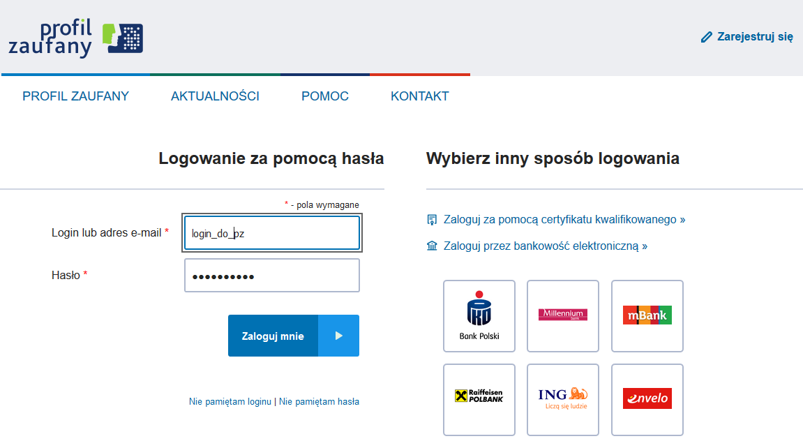 Widok okna logowania do profilu zaufanego Widok okna logowania do profilu zaufanego