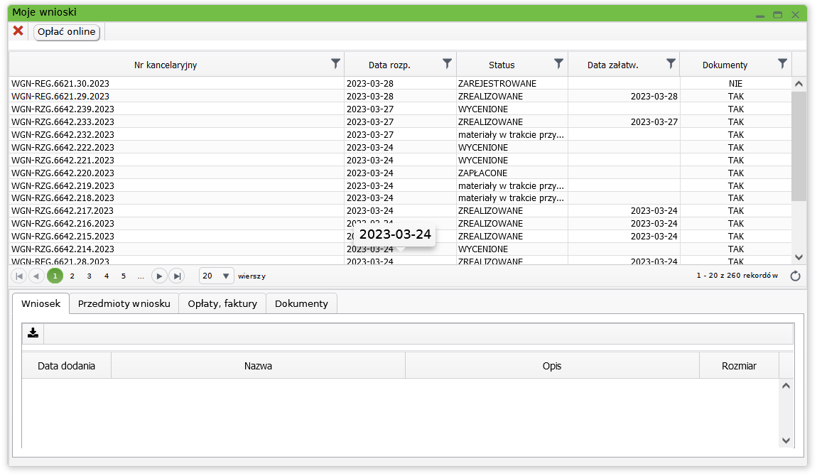 Widok okna z wylistowanymi złożonymi wnioskami Widok okna z wylistowanymi złożonymi wnioskami