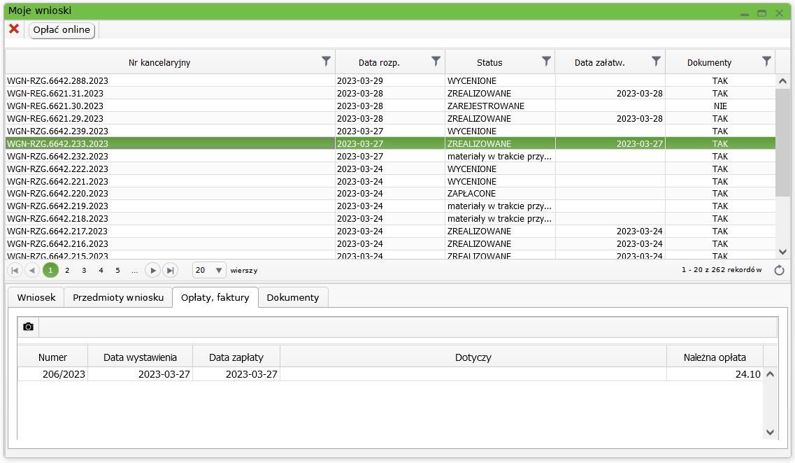 Widok okna z aktywną zakładką opłaty, faktury dla złożonych wniosków Widok okna z aktywną zakładką opłaty, faktury dla złożonych wniosków