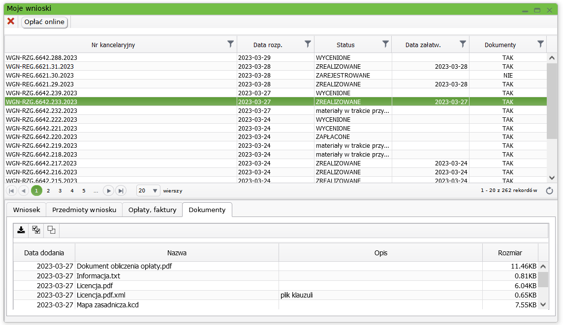 Widok okna z aktywną zakładką dokumenty dla złożonych wniosków Widok okna z aktywną zakładką dokumenty dla złożonych wniosków