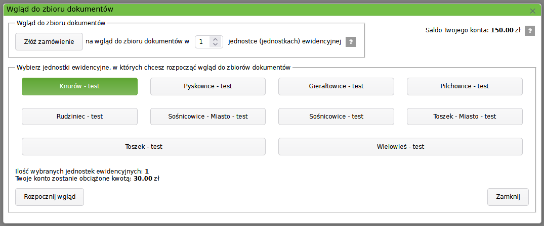 Widok okna do zamawiania wglądu do zbiorów dokumentów z zaznaczoną na zielono wybraną jednostką ewidencyjną Widok okna do zamawiania wglądu do zbiorów dokumentów z zaznaczoną na zielono wybraną jednostką ewidencyjną