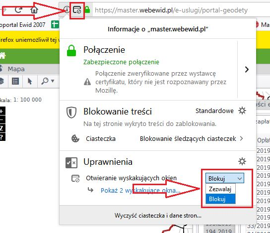 Widok fragmentu okna przeglądarki z zaznaczonym na czerwono miejscem wejścia do opcji zezwalania na otwieranie wyskakujących okienek Widok fragmentu okna przeglądarki z zaznaczonym na czerwono miejscem wejścia do opcji zezwalania na otwieranie wyskakujących okienek