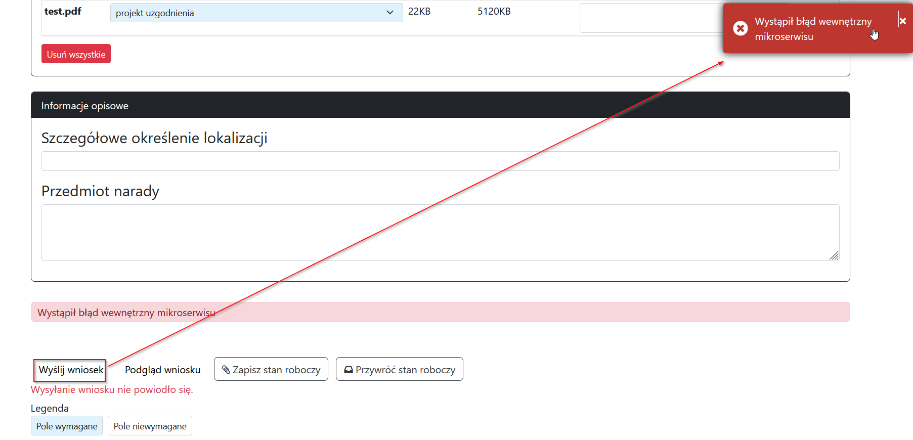 Widok pojawiającego się komunikatu o błędzie mikroserwisu Widok pojawiającego się komunikatu o błędzie mikroserwisu