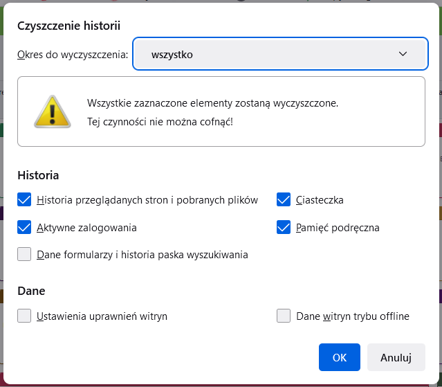 Okno czyszczenia historii w przeglądarce Mozilla Okno czyszczenia historii w przeglądarce Mozilla