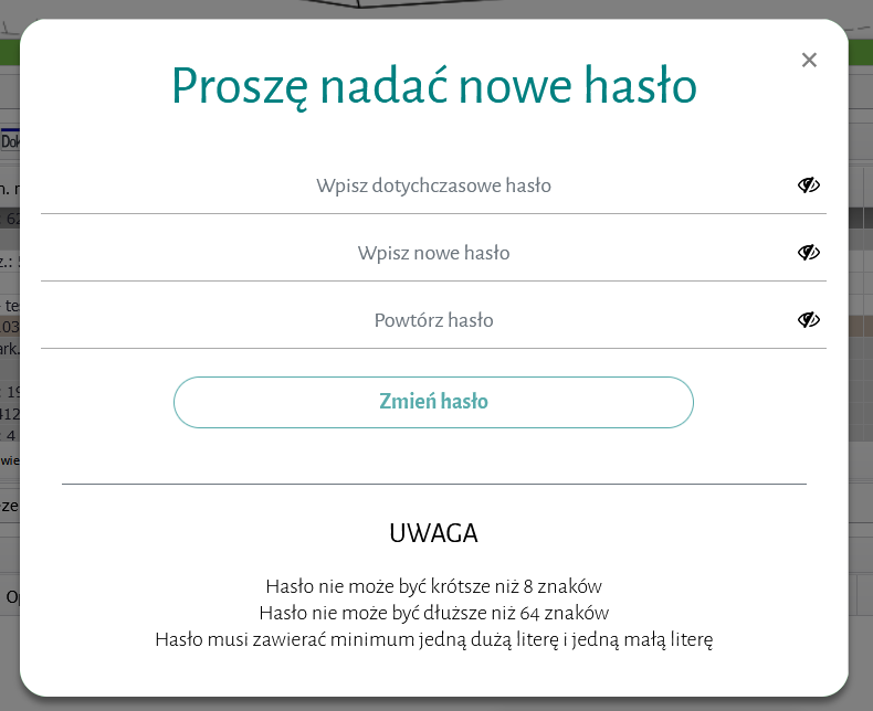 Widok okna nadania nowego hasła Widok okna nadania nowego hasła