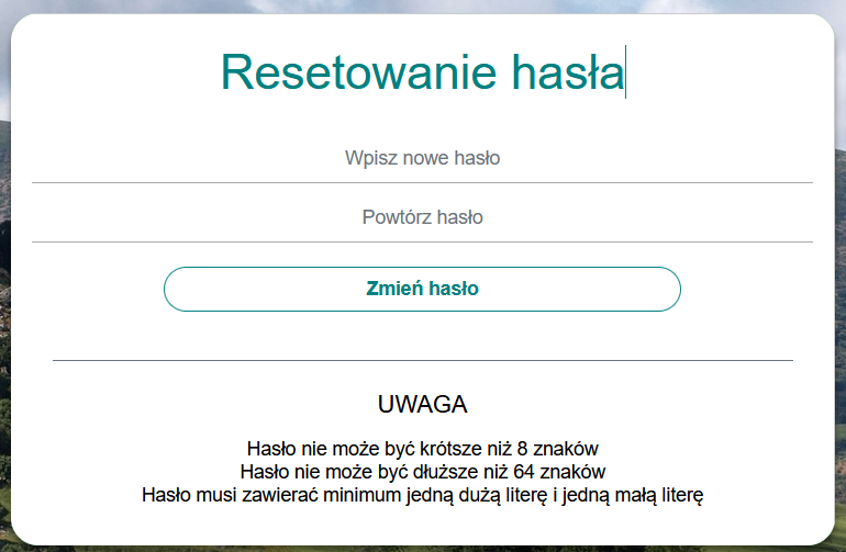 Widok okna ustawiania nowego hasła Widok okna ustawiania nowego hasła