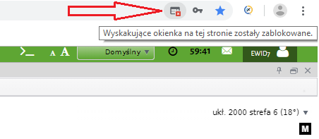 Widok fragmentu okna przeglądarki z zaznaczonym czerwoną strzałką miejscem pojawiania się informacji o zablokowanych wyskakujących okienkach