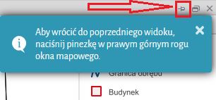 Widok miejsca lokalizacji pinezki wraz z pojawiającym się komunikatem o jej działaniu wyświetlonym białymi literami na niebieskim tle