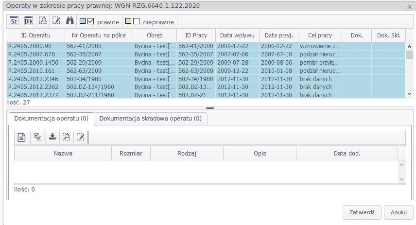 Widok okna z wylistowanymi operatami w zakresie pracy