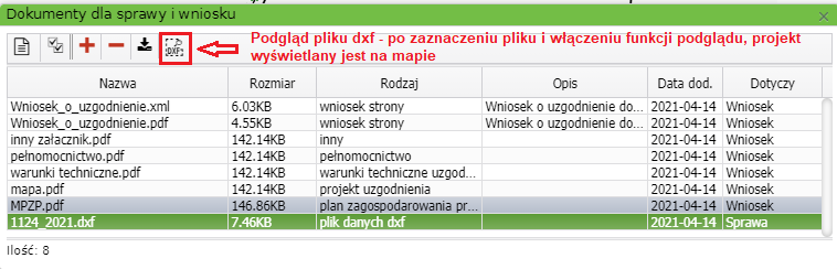 Widok okna dokumenty dla sprawy i wniosku z zaznaczoną na czerwono funkcją umożliwiającą podgląd pliku dxf