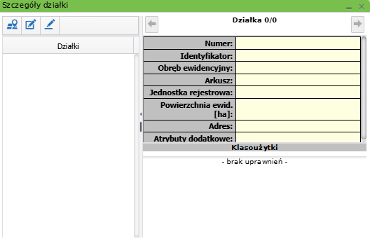 Widok okna z częścią selekcyjną działki i jej częścią opisową Widok okna z częścią selekcyjną działki i jej częścią opisową