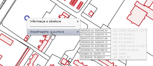 Widok okna z wyświetlonymi współrzędnymi w punkcie wybranym z mapy w różnych układach odniesienia Widok okna z wyświetlonymi współrzędnymi w punkcie wybranym z mapy w różnych układach odniesienia