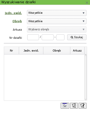 Widok okna wyszukiwania działki Widok okna wyszukiwania działki