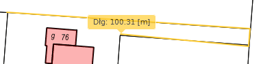 Widok fragmentu mapy z pomierzoną przez program długością granicy działki Widok fragmentu mapy z pomierzoną przez program długością granicy działki