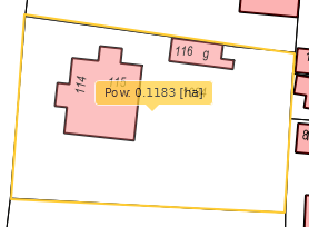 Widok fragmentu mapy z pomierzoną przez program powierzchnią działki Widok fragmentu mapy z pomierzoną przez program powierzchnią działki